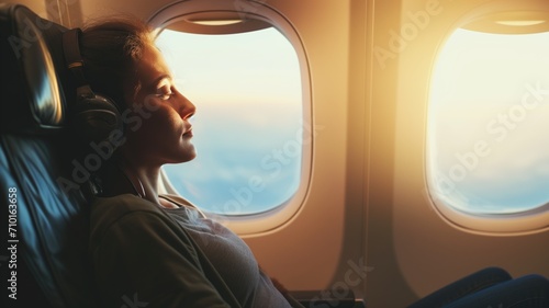 Woman enjoying music on a plane at sunset