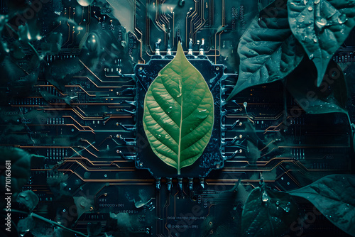 green leaf on circuit board background. ecology concept photo