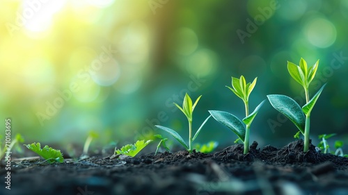 Seedlings in soil with bright sunlight photo