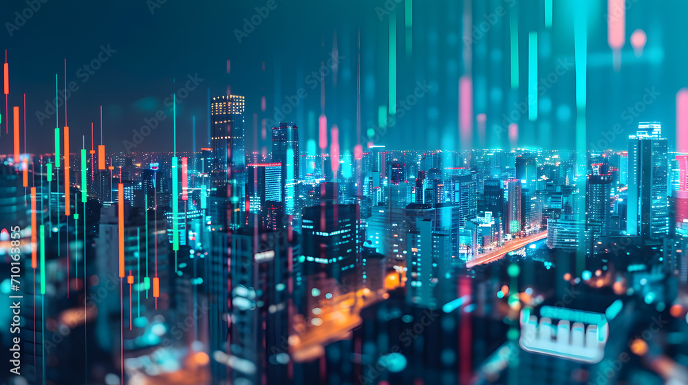 Night cityscape with colorful buildings, busy feel, overlay of stock market chart