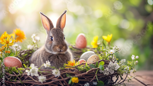 A small rabbit surrounded by a wreath of spring flowers and Easter eggs, Easter, blurred background, with copy space