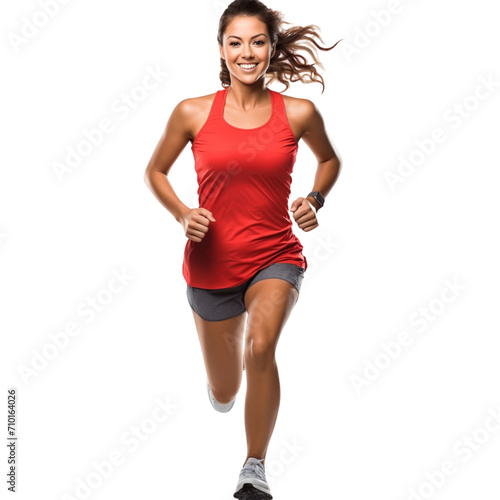 Woman Running in Red Shirt and Grey Shorts