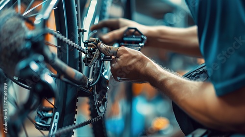 the hands of a man who is repairing a bicycle in his workshop, providing repairs to damaged bicycles photo