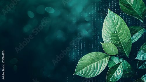 Green leaf with binary code on dark background. Technology and environment concept