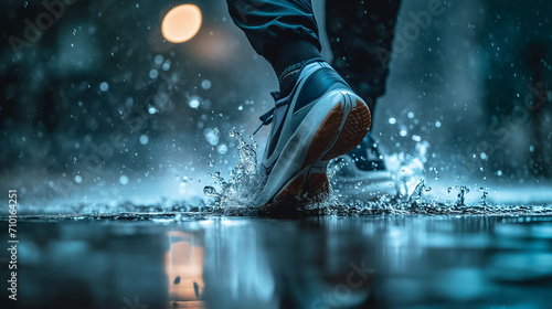 Man recrationist training jogging on rainy morning. AI photo