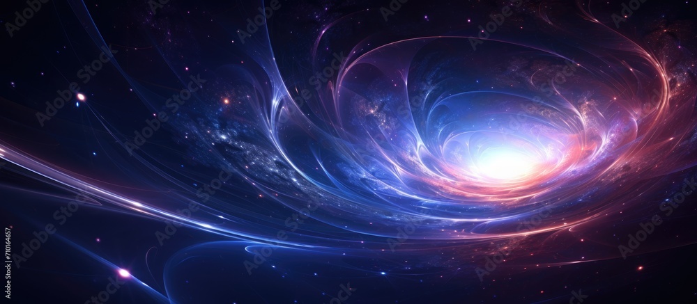 Computer generated abstract background with a spiral-shaped fractal in space, filled with particles.
