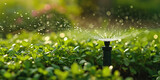 Automatic Sprinkler Watering Green Plants. Close-up of a garden sprinkler system in action, watering vibrant green shrubbery with a fine mist, copy space.