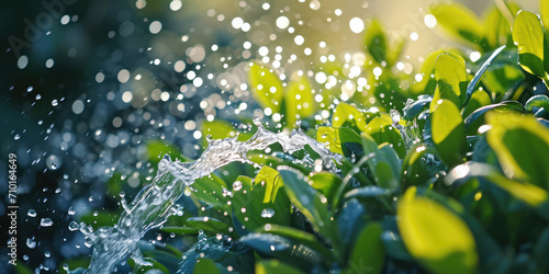 Single Automatic Sprinkler Watering Green Plants. Close-up of a garden sprinkler system in action, watering vibrant green shrubbery with a fine mist. photo