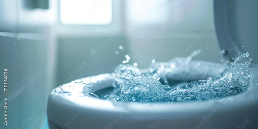 Dynamic Water Splash in white Toilet Bowl. Closeup of a vigorous water