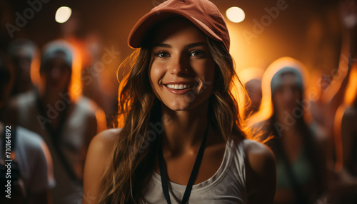 Young adults smiling, enjoying nightlife at nightclub generated by AI © Jemastock
