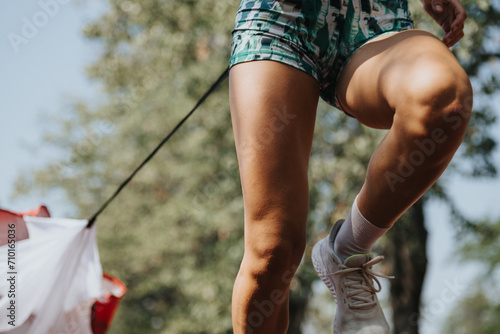 Fit girl sprints with parachute, training in sunny park, powering muscles towards a stronger body shape. Enjoying outdoor workout and competing together.