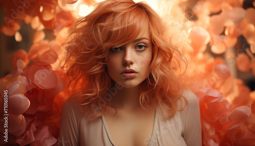 Young adult woman with long blond curly hair generated by AI