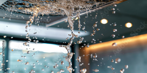 Indoor Flood with Water Splash from ceiling. Water spilling onto a flooded home floor from the ceiling, creating a dynamic splash, symbolizing property damage.