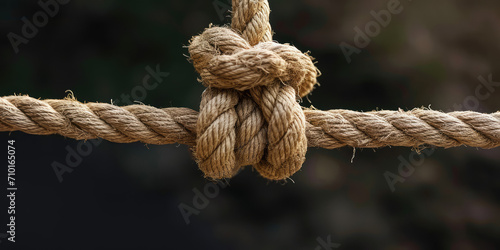 Knotted Jute Rope Close-up. Detailed close-up of a knotted jute rope on a neutral black background, showcasing texture and strength, simple, copy space.
