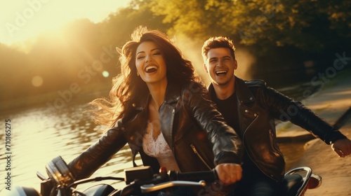 Happy young couple of bikers riding black motorcycle at outdoor view background. AI generated photo