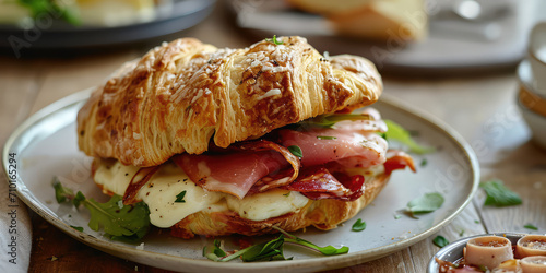 Toasted Croissant Sandwich with Salami and Mozzarella in a plate. Gourmet croissant sandwich with salami, mozzarella cheese, and fresh arugula on a rustic wooden board. photo
