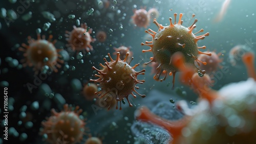 3D rendering of viruses in a dark environment