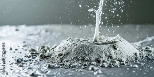 Water Mixing with Cement Powder. A close-up shot of water splashing onto dry cement powder, depicting the initial stage of mixing construction material.