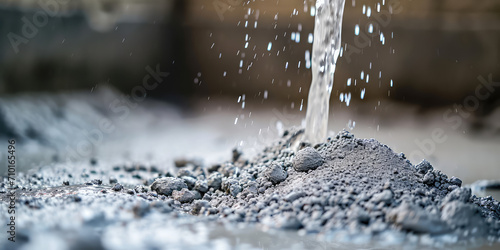 Water Mixing with Cement Powder. A close-up shot of water splashing onto dry cement powder, depicting the initial stage of mixing construction material, copy space.