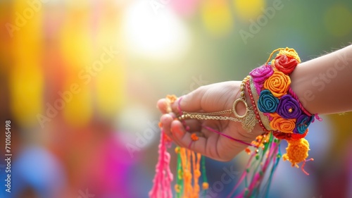 Arm outstretched with a colorful rakhi, bright festive backdrop