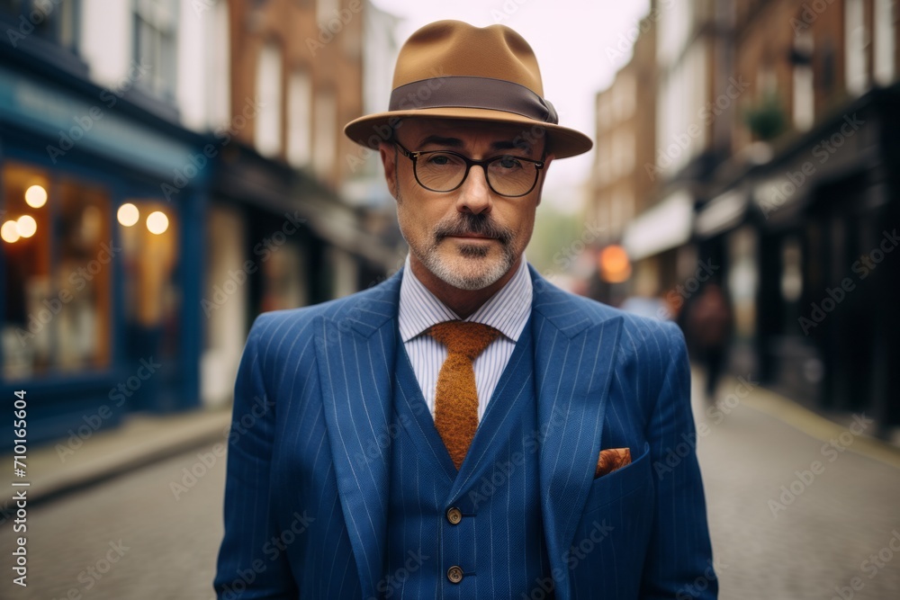 Portrait of a senior businessman in a hat and glasses on the street. Portrait of a senior businessman in a hat and glasses on the street.
