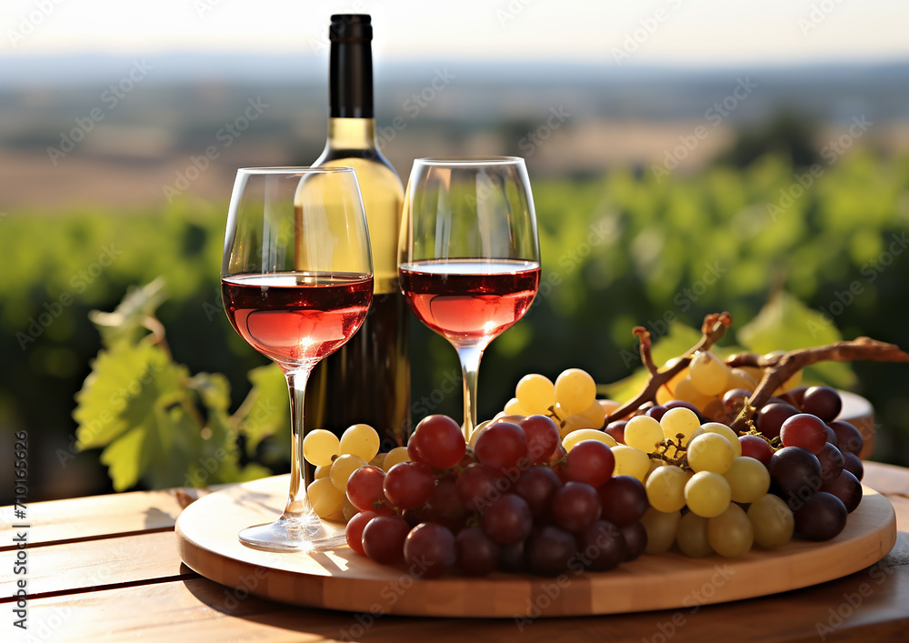 Grape vineyard, wine bottle, nature, picnic, relaxation generated by AI