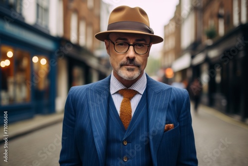Portrait of a senior businessman in a hat and glasses on the street.