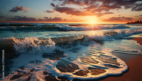 Sunset over the water, waves crash on sand generated by AI © Jemastock
