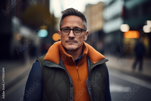 Portrait of a handsome middle-aged man in an orange jacket and glasses on a city street.