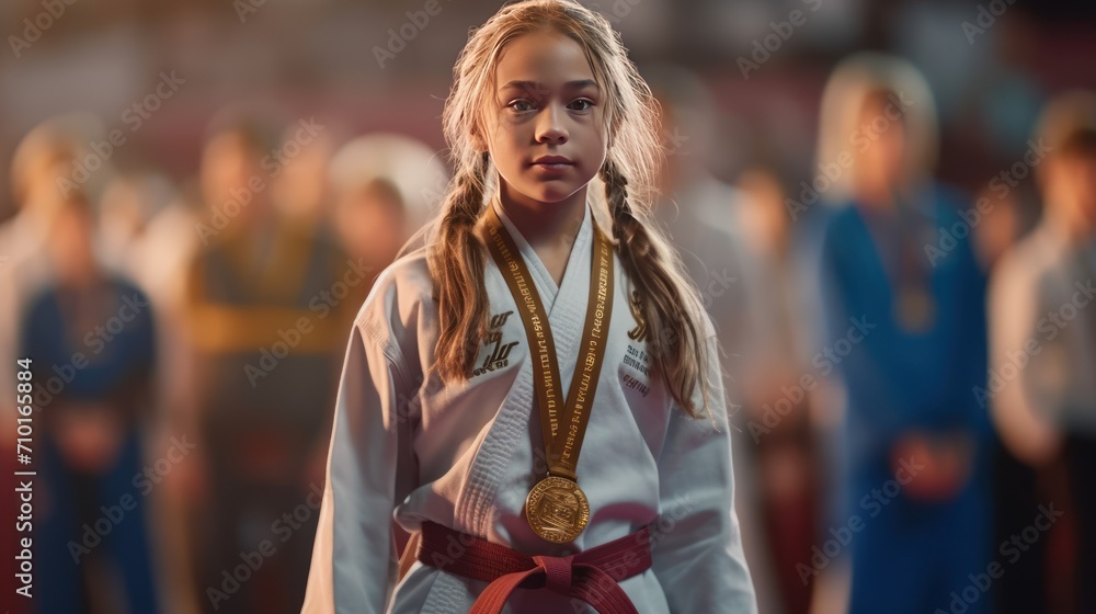 Young Female Athlete Celebrates a Win on a podium, receives a gold medal. Prize, reward and bonus, female champion on podium with gymnast and athlete smile Young Female Athlete Celebrates a Win on a podium, receives a gold medal. Prize, reward and bonus, female champion on podium with gymnast and athlete smile