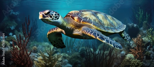 Sea turtle resting on aquatic plant