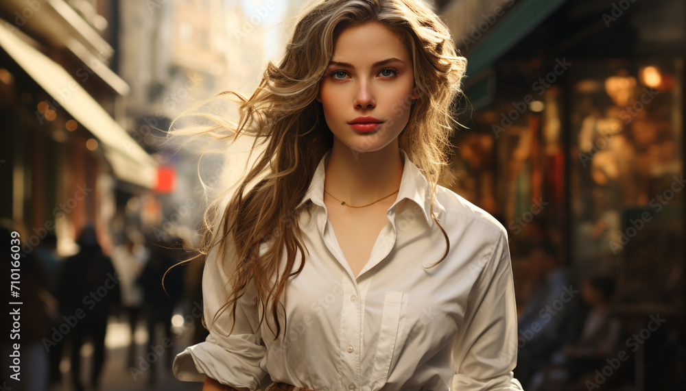 Young woman with long blond hair looking at camera generated by AI Young woman with long blond hair looking at camera generated by AI