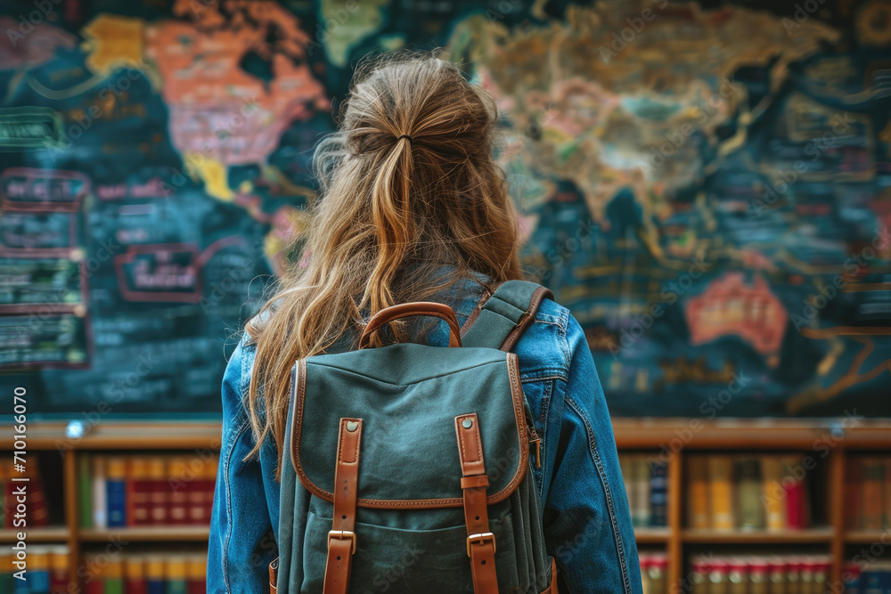 Traveler standing in front of a map of the world Traveler standing in front of a map of the world