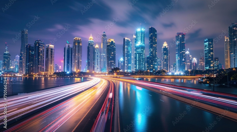 The rush of city traffic under the night sky, a vibrant scene, night city banner