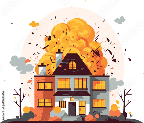 Two-story house exploding with flames and smoke, destruction and chaos surrounding the building. Emergency and disaster concept. Catastrophe and home insurance vector illustration.