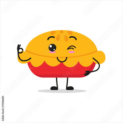 Cute happy apple pie. Funny smiling and wink pastry cartoon emoticon in flat style. bakery vector illustration