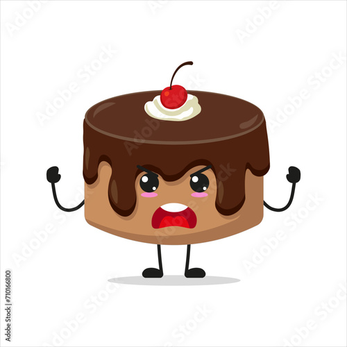 Cute angry chocolate cake. Funny mad dessert cartoon emoticon in flat style. bakery vector illustration