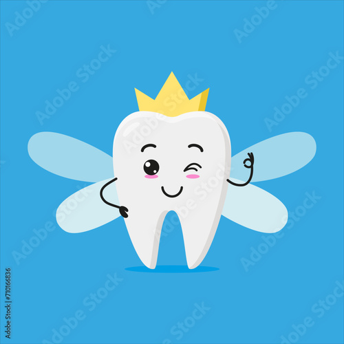 Cute happy tooth fairy. Funny smiling and wink teeth cartoon emoticon in flat style. myth vector illustration