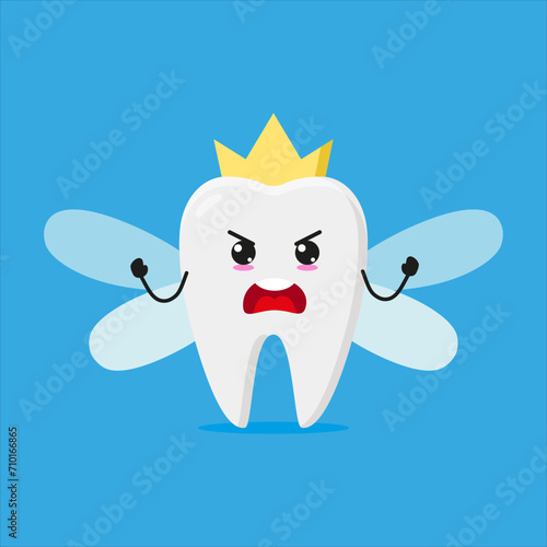 Cute furious tooth fairy. Temperament teeth cartoon emoticon in flat style. myth vector illustration