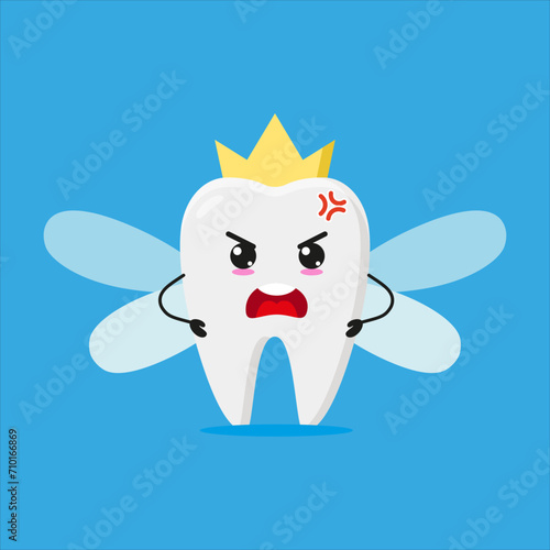 Cute angry tooth fairy. Funny mad teeth cartoon emoticon in flat style. myth vector illustration