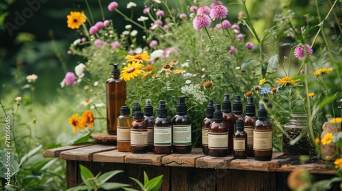 Backyard Beauty: Sustainable beauty scene, with products containing soil and insect extracts in drop bottles, set in a garden emphasizing circular systems