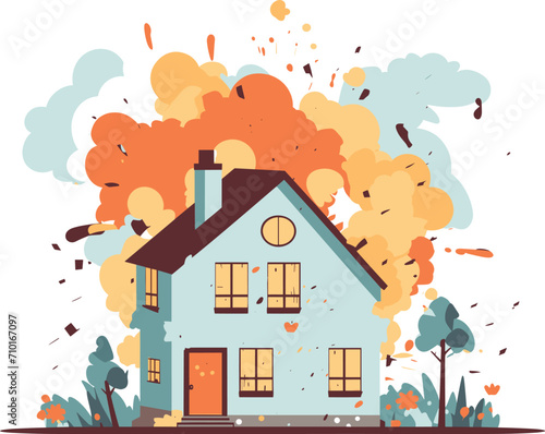 House explosion with smoke and debris. Residential building destroyed by a blast. Accident at home and emergency situation vector illustration.
