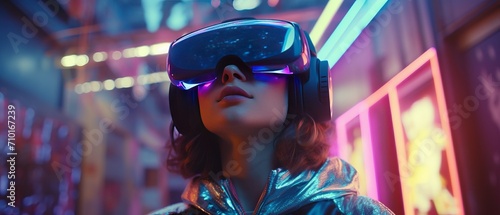 A young beautiful woman wearing virtual reality glasses. A futuristic concept of a video game or metaverse. Virtual and augmented reality technologies