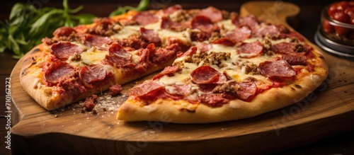 Cheesy salami pizza on a board.