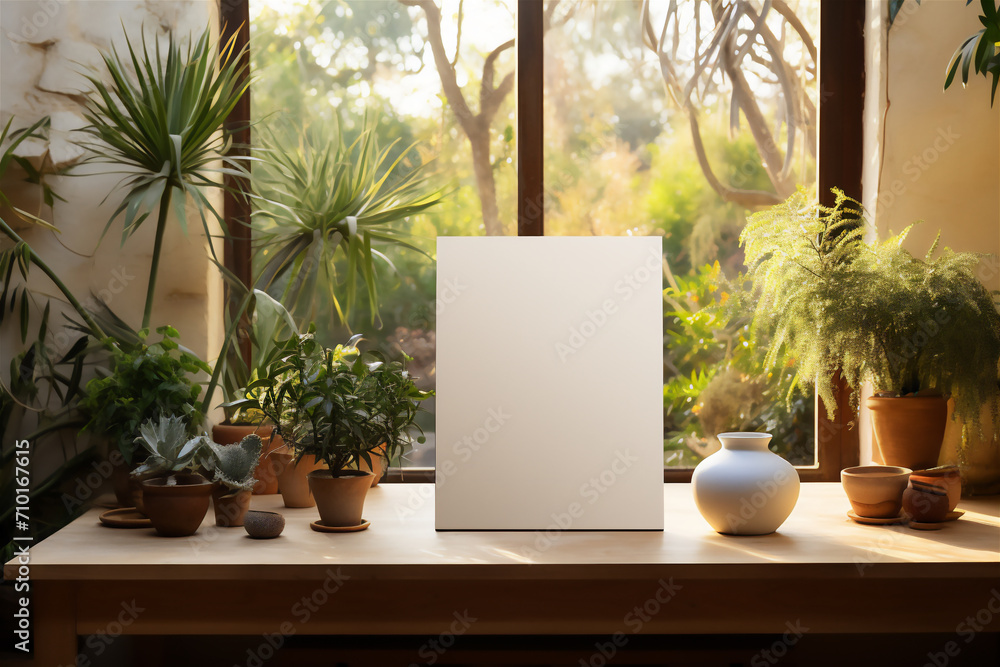 Fototapeta premium A white canvas mockup on a wooden table surrounded by an array of lush potted plants and a ceramic vase, with a soft sunlit backdrop