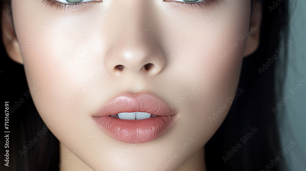 Portrait of pale girl with delicate skin and natural makeup. Ombre lips with a clear contour, shaded inward, with a satin tint. Nude lip color. Detailed shot of females lips wearing lipstick. Portrait of pale girl with delicate skin and natural makeup. Ombre lips with a clear contour, shaded inward, with a satin tint. Nude lip color. Detailed shot of females lips wearing lipstick.