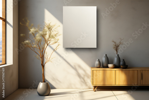 Warm sunlight in a modern interior with a blank canvas mockup, vases, and dried plants © mikeosphoto