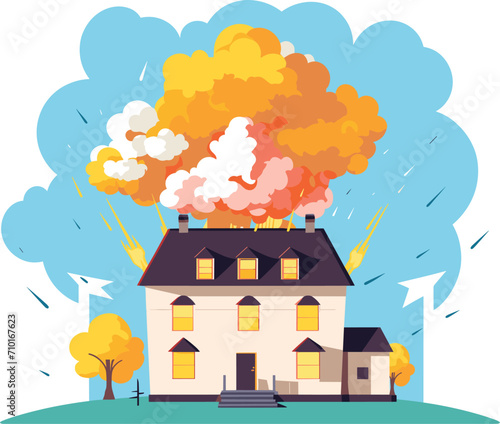 Large house on fire with thick smoke and flames, stormy weather with rain. Emergency situation with destructive fire in a residential building vector illustration.