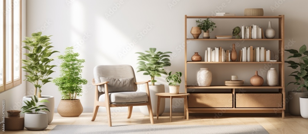 Modern, chic Scandinavian living room with wooden furniture, armchair, carpet, leafy vase, books, and personal decor. Modern, chic Scandinavian living room with wooden furniture, armchair, carpet, leafy vase, books, and personal decor.