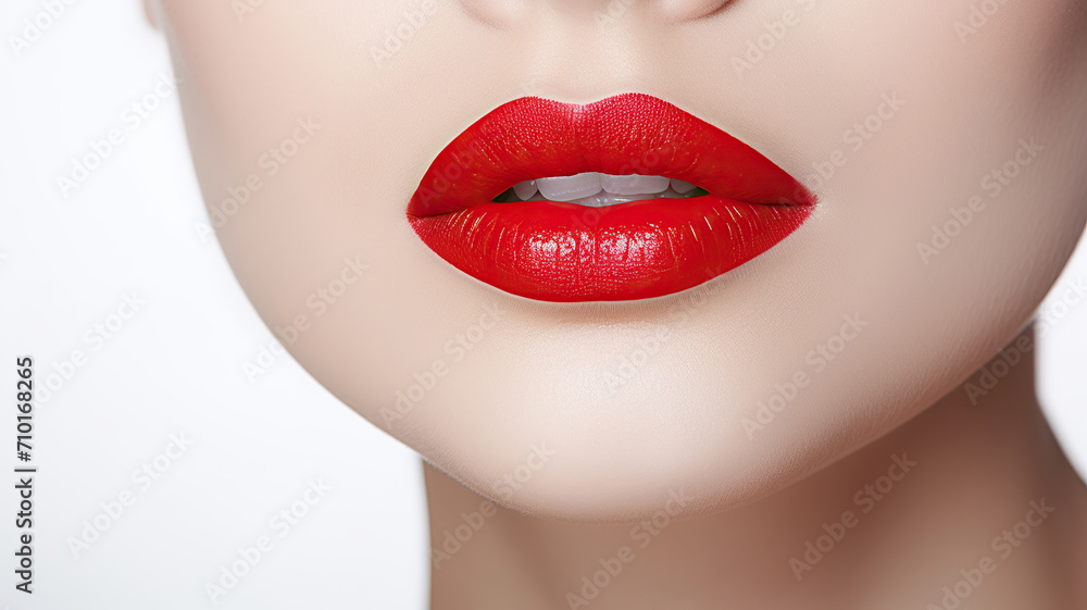 Fototapeta premium Close-up portrait of beautiful female lips with bright red lipstick. Close up of beautiful female lips with red lipstick on white background. Beauty, fashion.